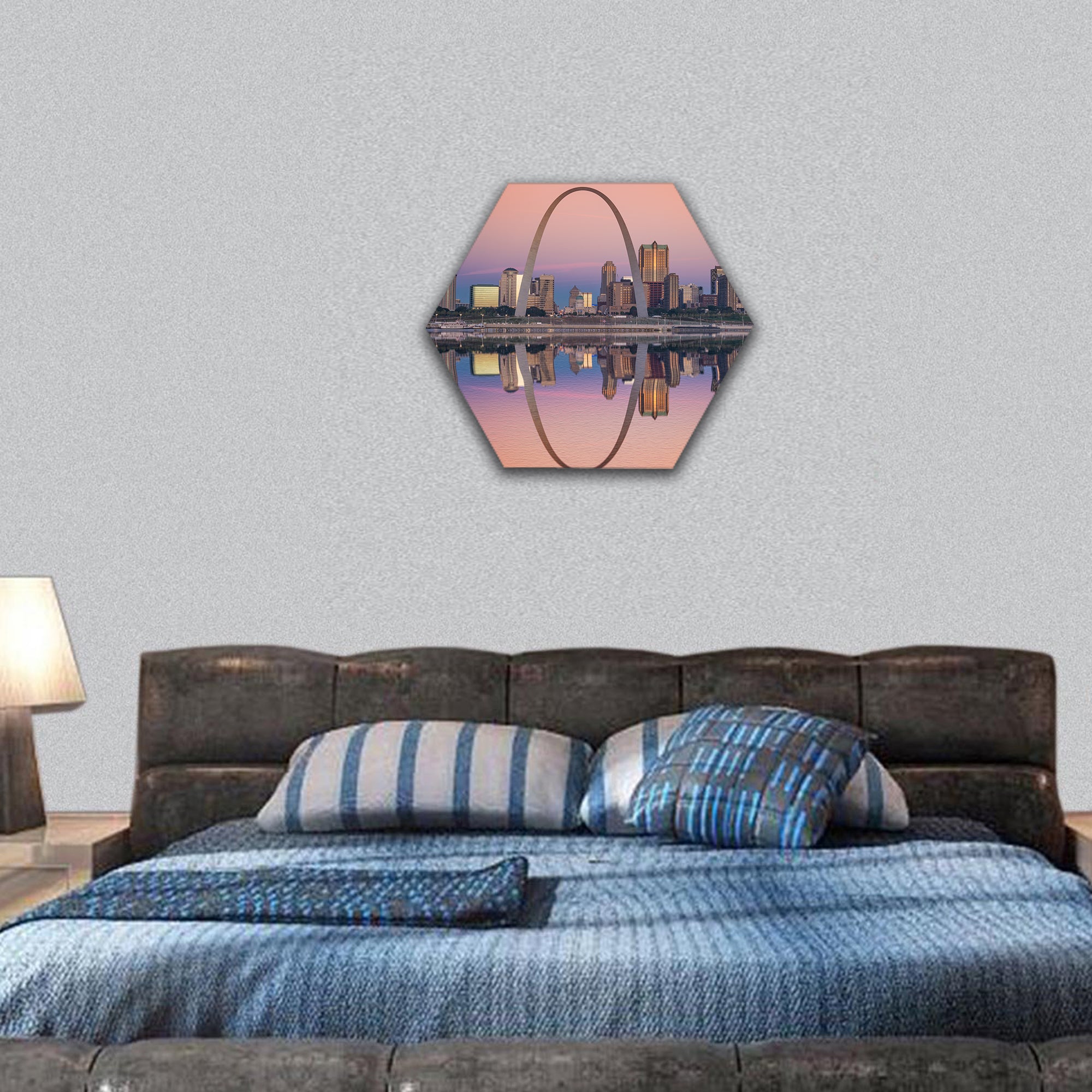 St Louis skyline along the Mississippi River hexagonal canvas wall art