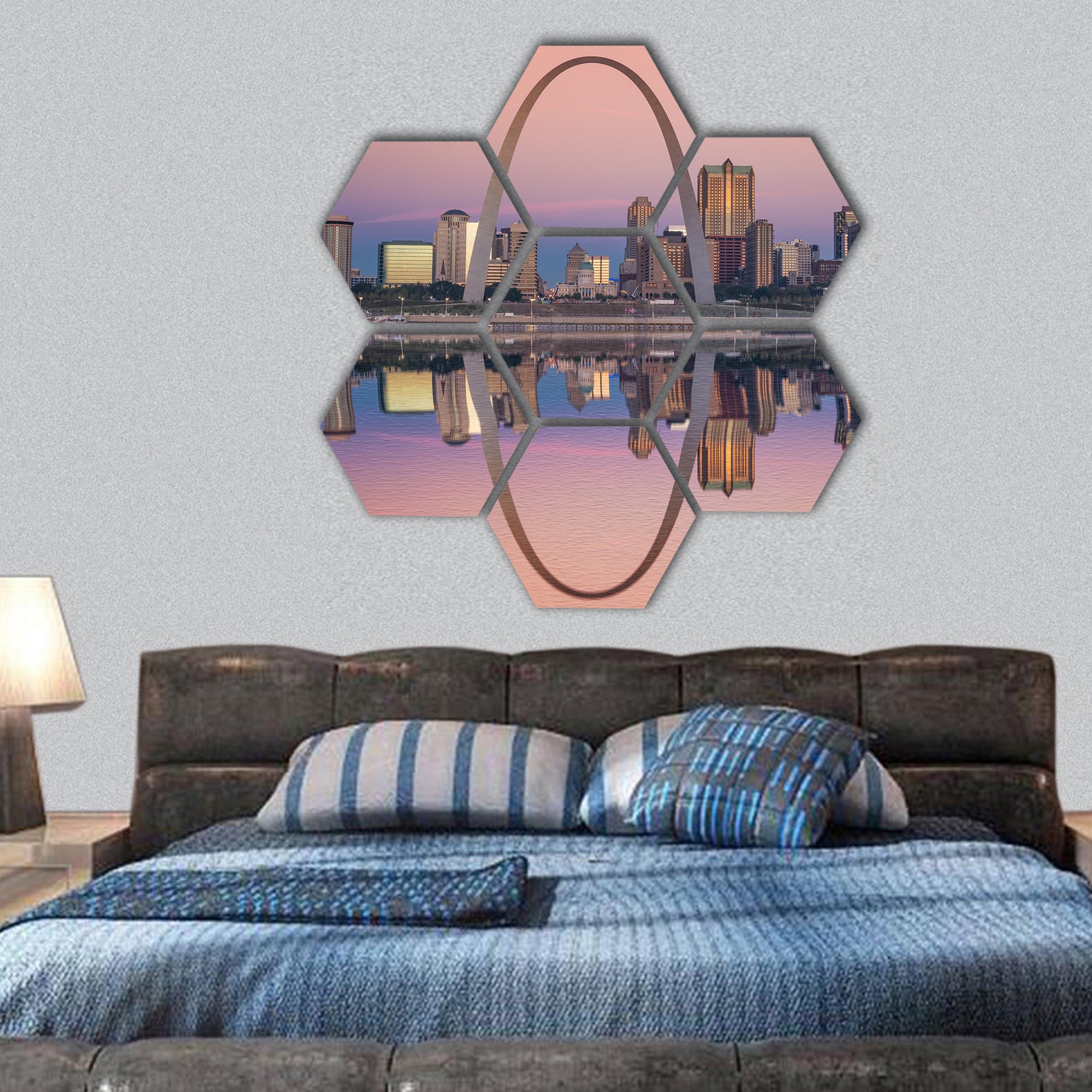 St Louis skyline along the Mississippi River hexagonal canvas wall art