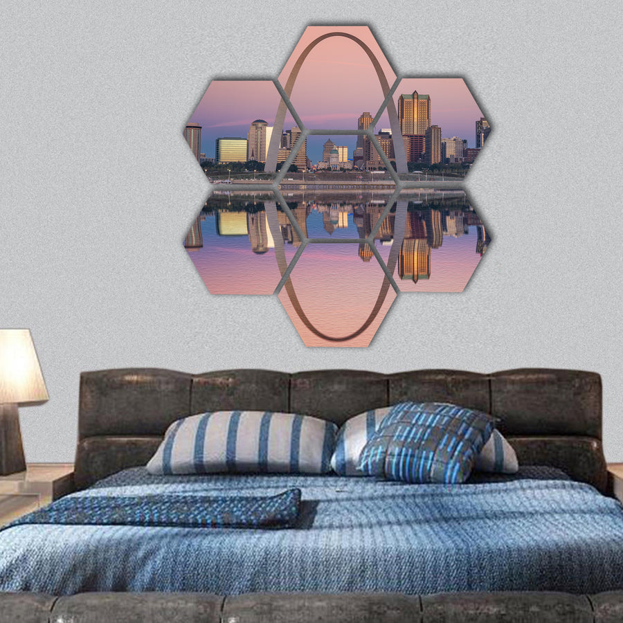 St Louis skyline along the Mississippi River hexagonal canvas wall art