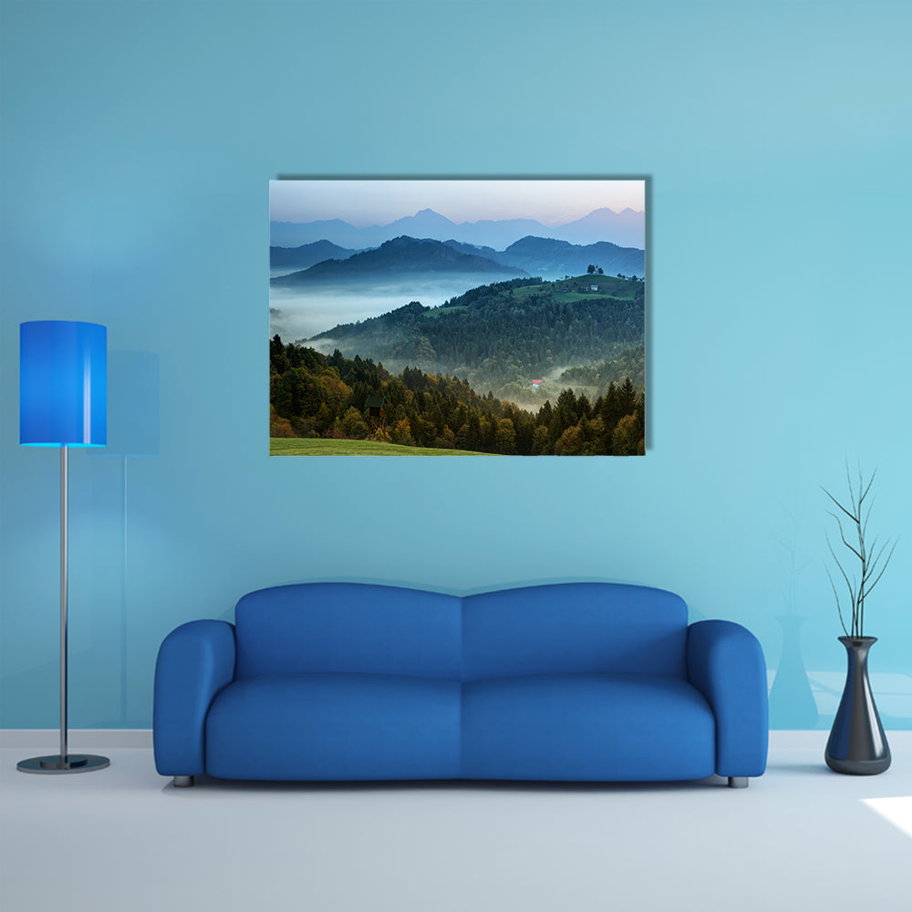 Slovenia, Morning landscape with fog in the mountains, multi panel canvas wall art
