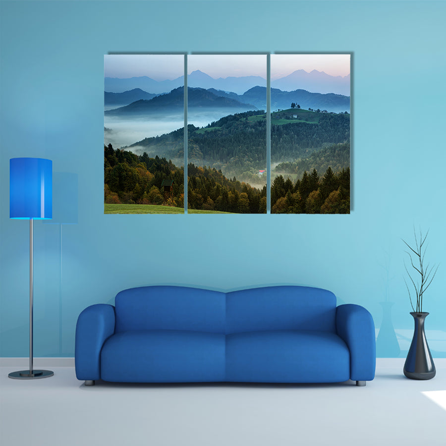 Slovenia, Morning landscape with fog in the mountains, multi panel canvas wall art