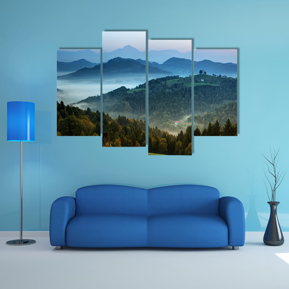 Slovenia, Morning landscape with fog in the mountains, multi panel canvas wall art