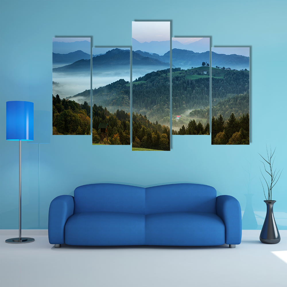 Slovenia, Morning landscape with fog in the mountains, multi panel canvas wall art