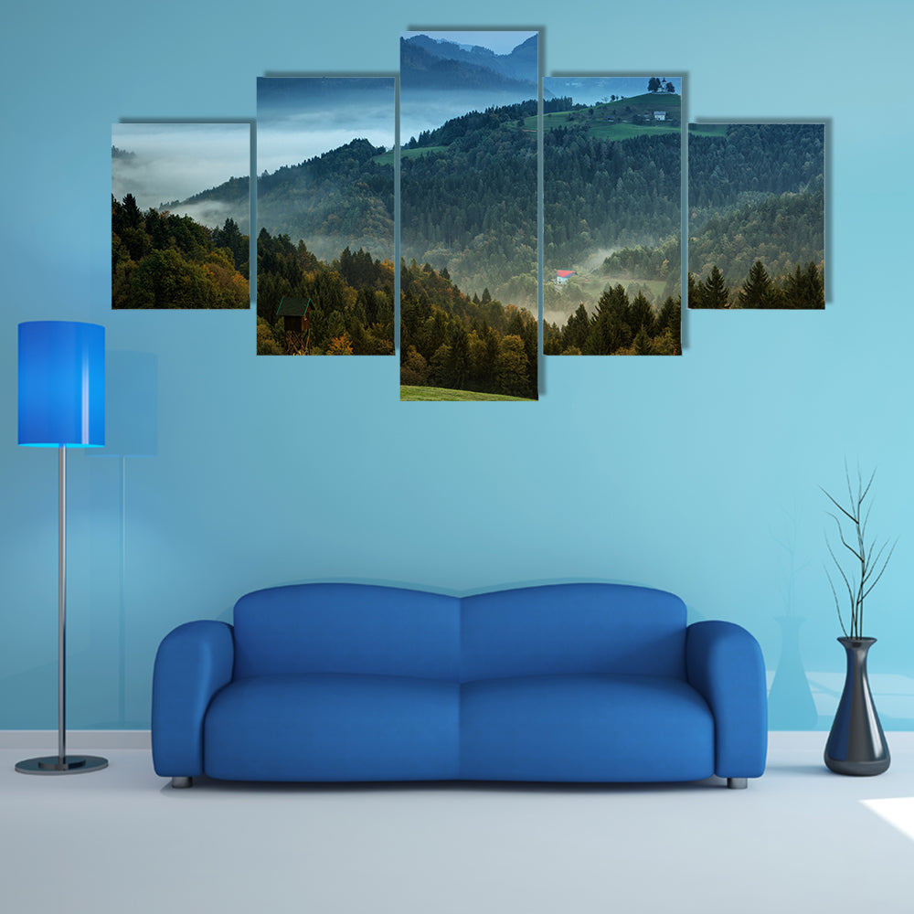 Slovenia, Morning landscape with fog in the mountains, multi panel canvas wall art