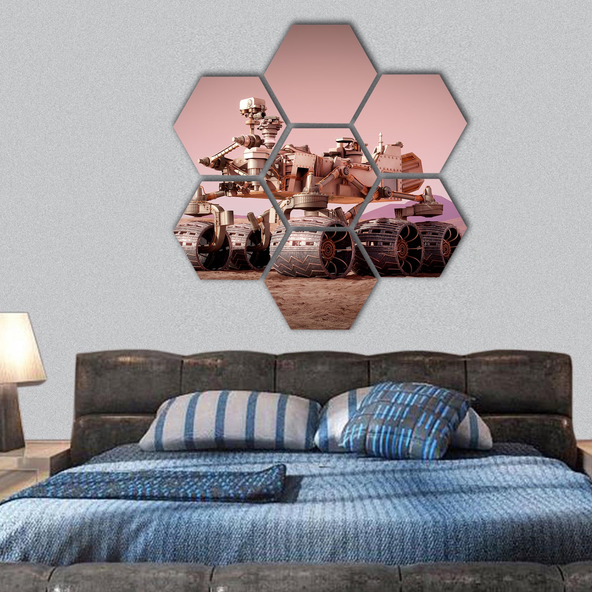 Mars rover on the Mars. 3d rendering hexagonal canvas wall art