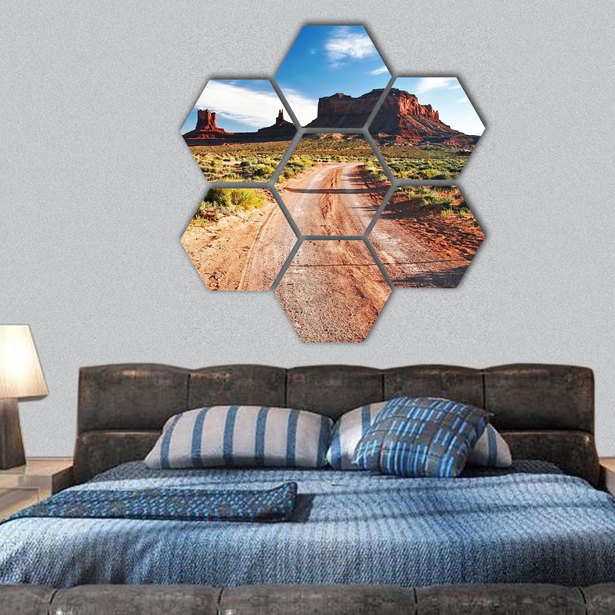 End of sunny day in Monument Valley, Arizona hexagonal canvas wall art
