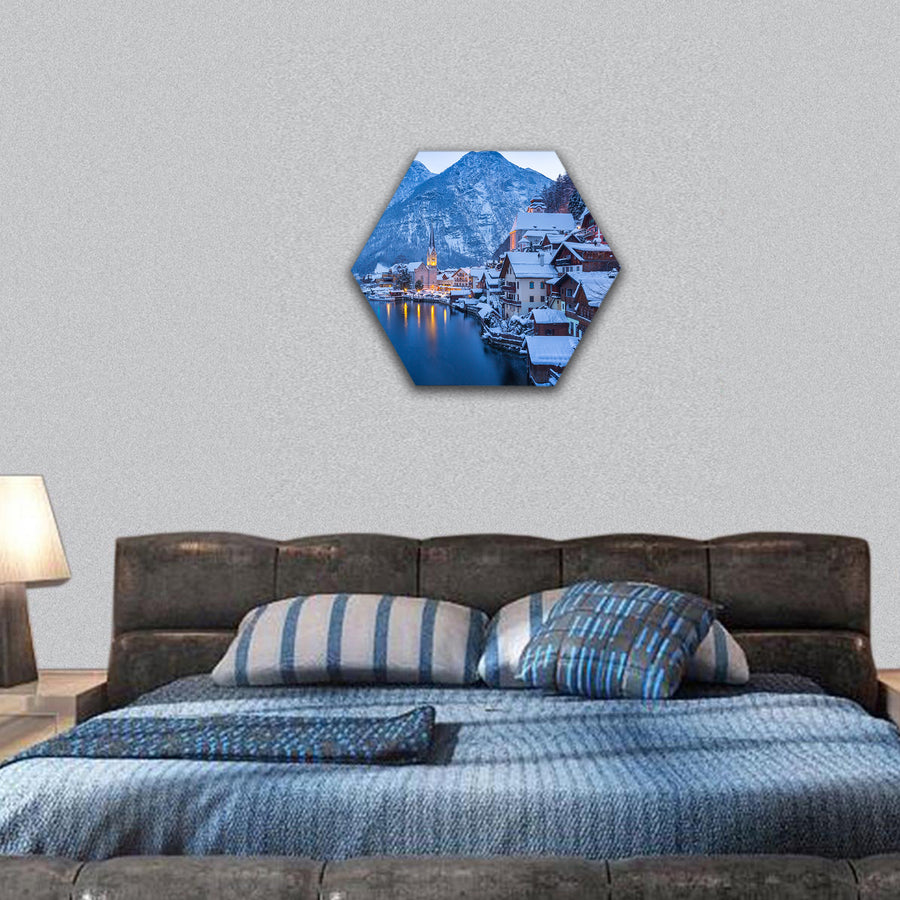 Hallstatt lakeside town in the Alps hexagonal canvas wall art