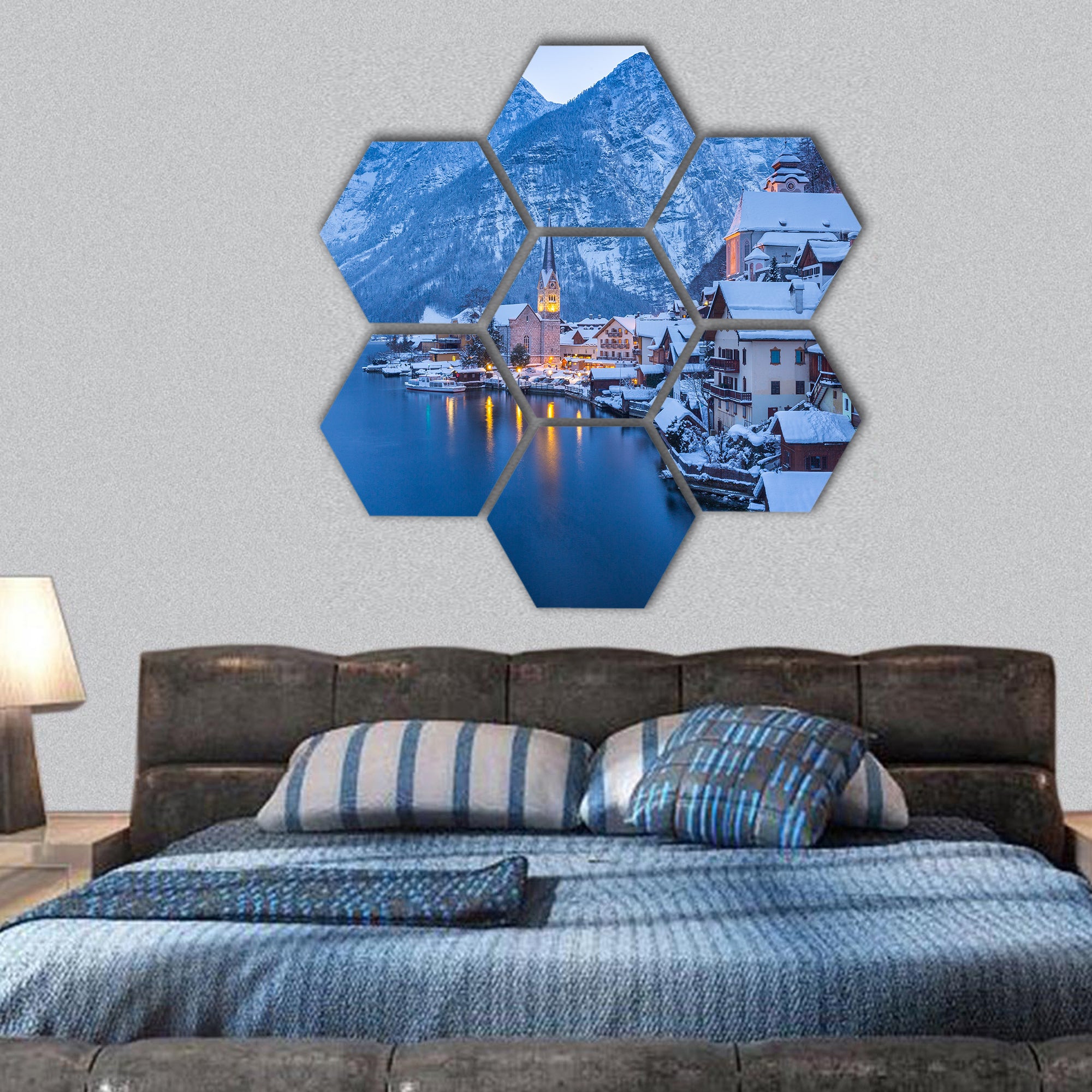 Hallstatt lakeside town in the Alps hexagonal canvas wall art