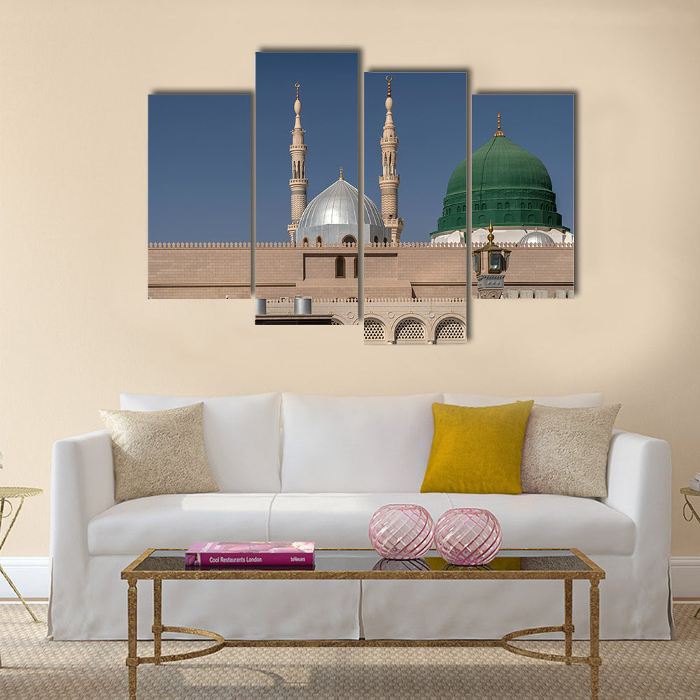 Exterior view of minarets and green dome of a mosque multi panel canvas wall art