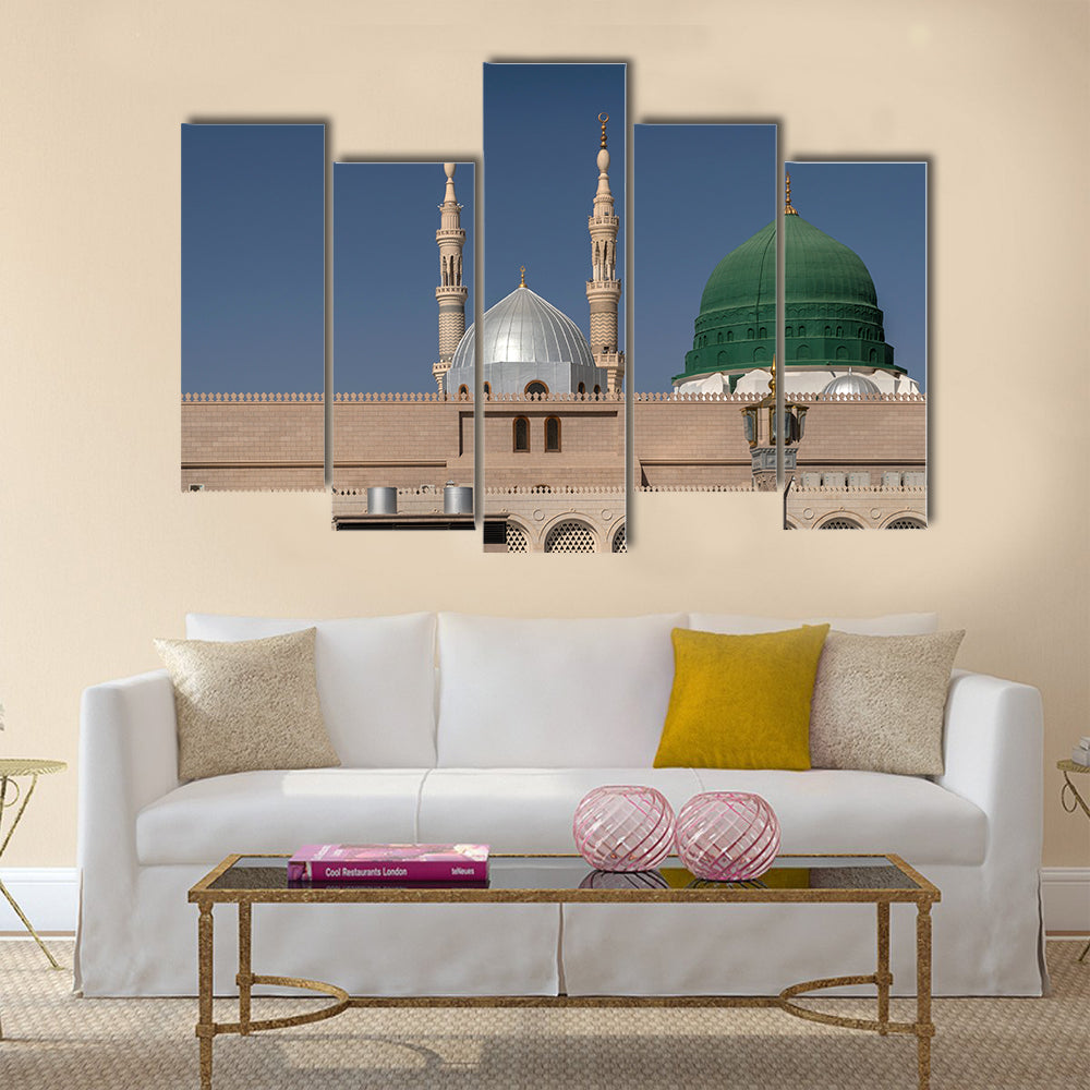 Exterior view of minarets and green dome of a mosque multi panel canvas wall art