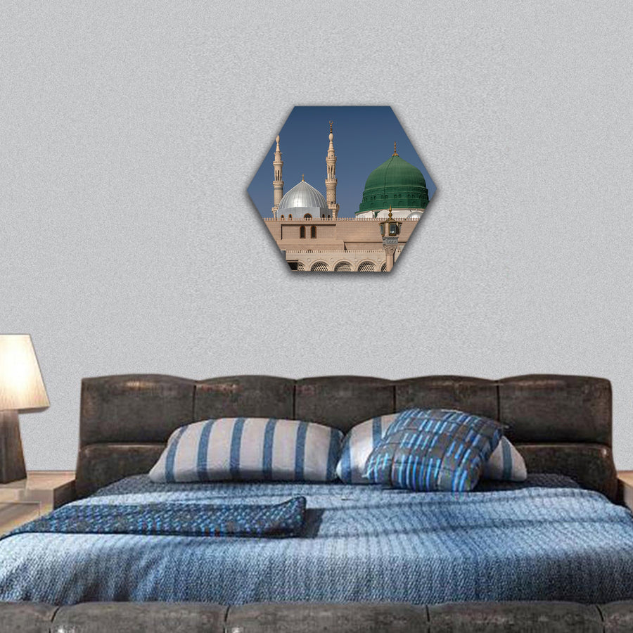 view of minarets and green dome of a mosque Nabvi hexagonal canvas wall art