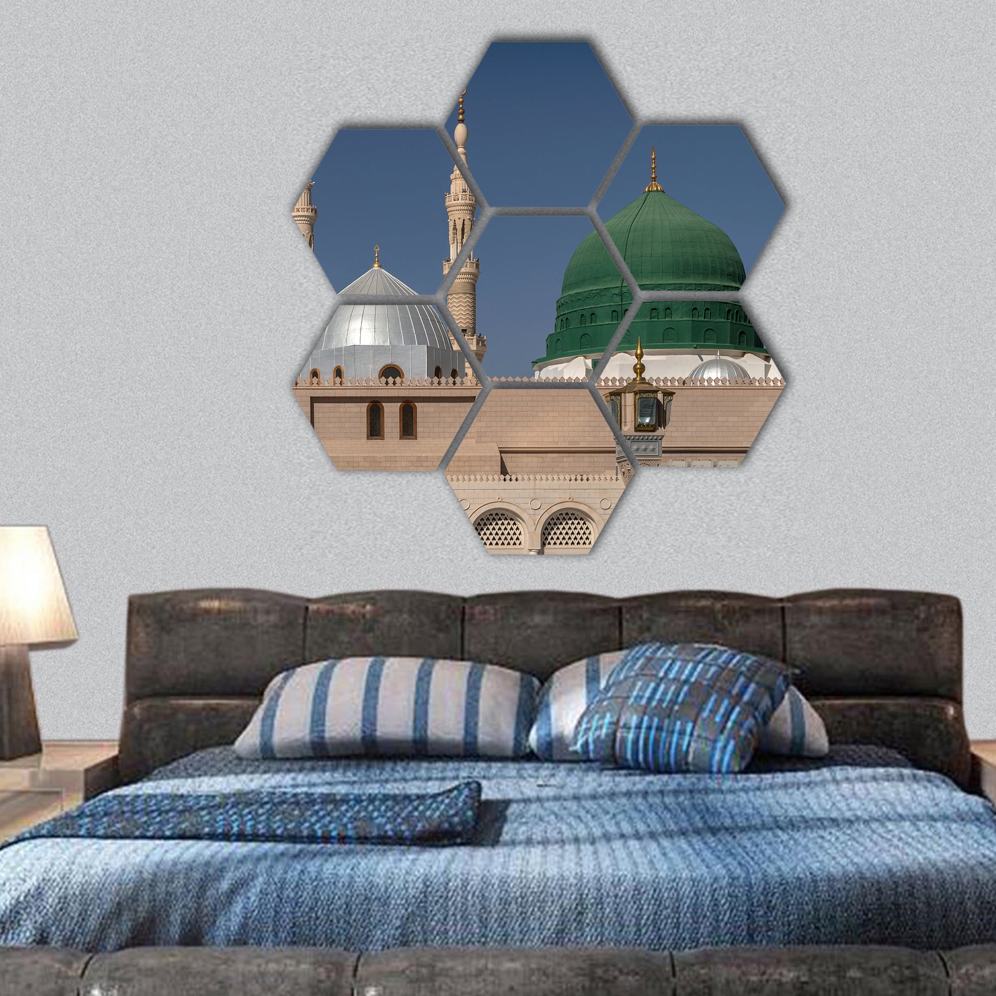 view of minarets and green dome of a mosque Nabvi hexagonal canvas wall art