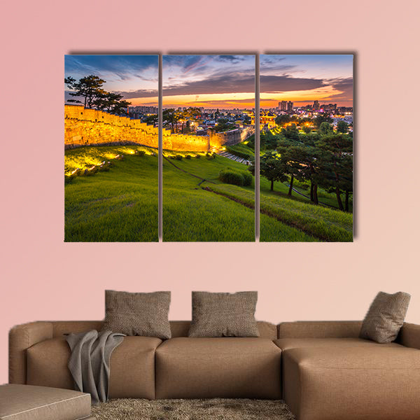 Korea Architecture Traditional landscape at Hwaseong Fortress in Sunset, multi panel canvas wall art
