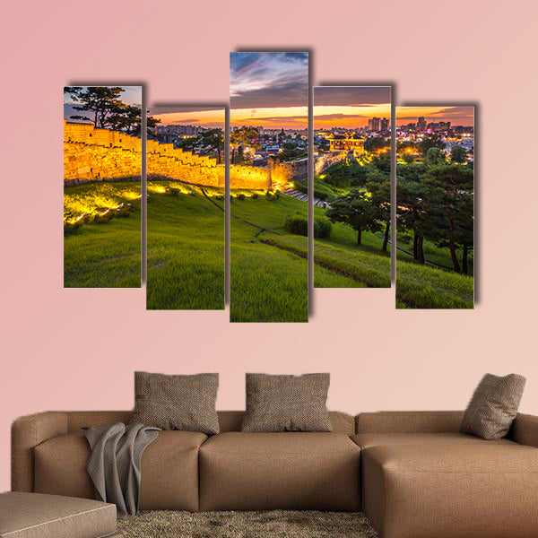 Korea Architecture Traditional landscape at Hwaseong Fortress in Sunset, multi panel canvas wall art