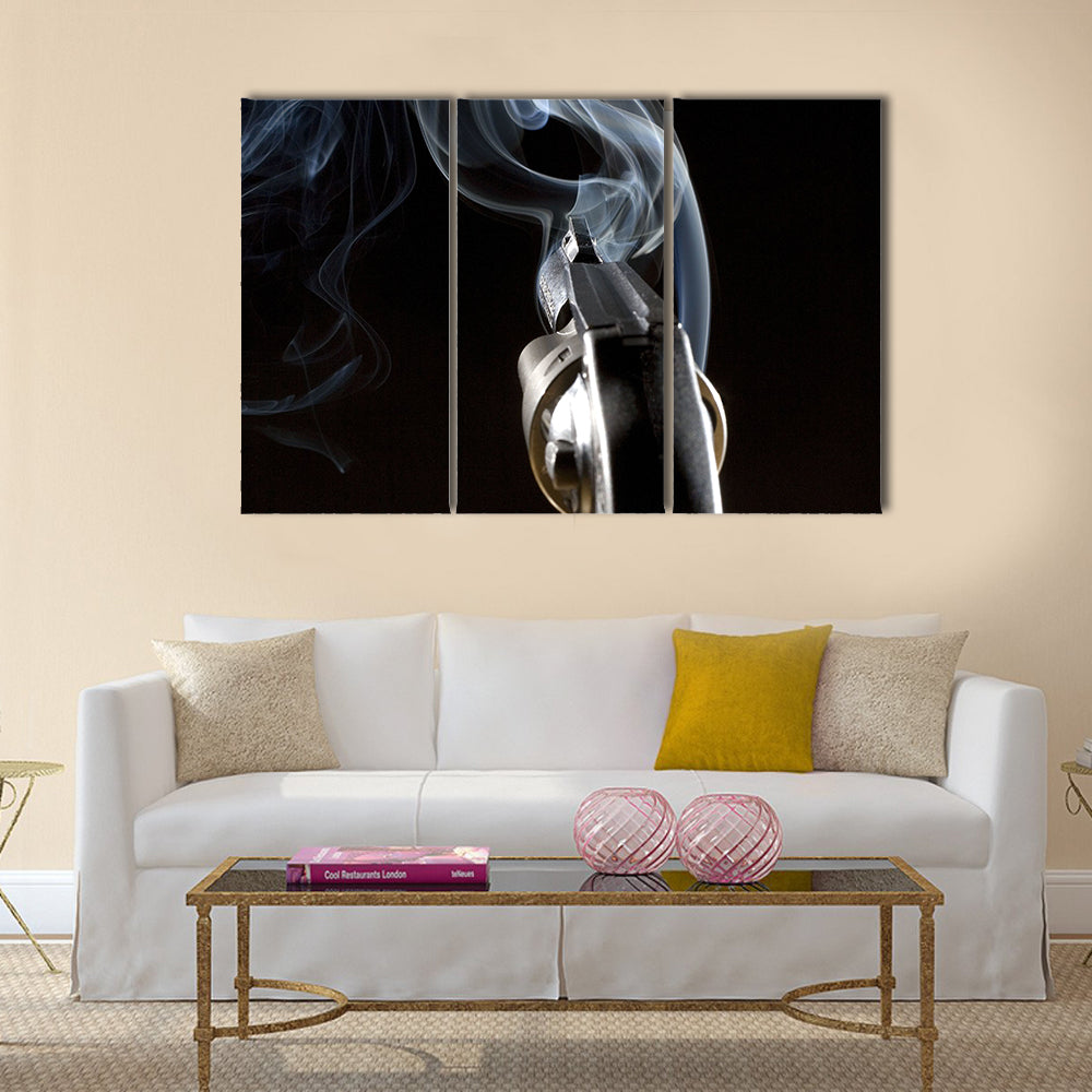 single shot is away from a revolver in the night multi panel canvas wall art