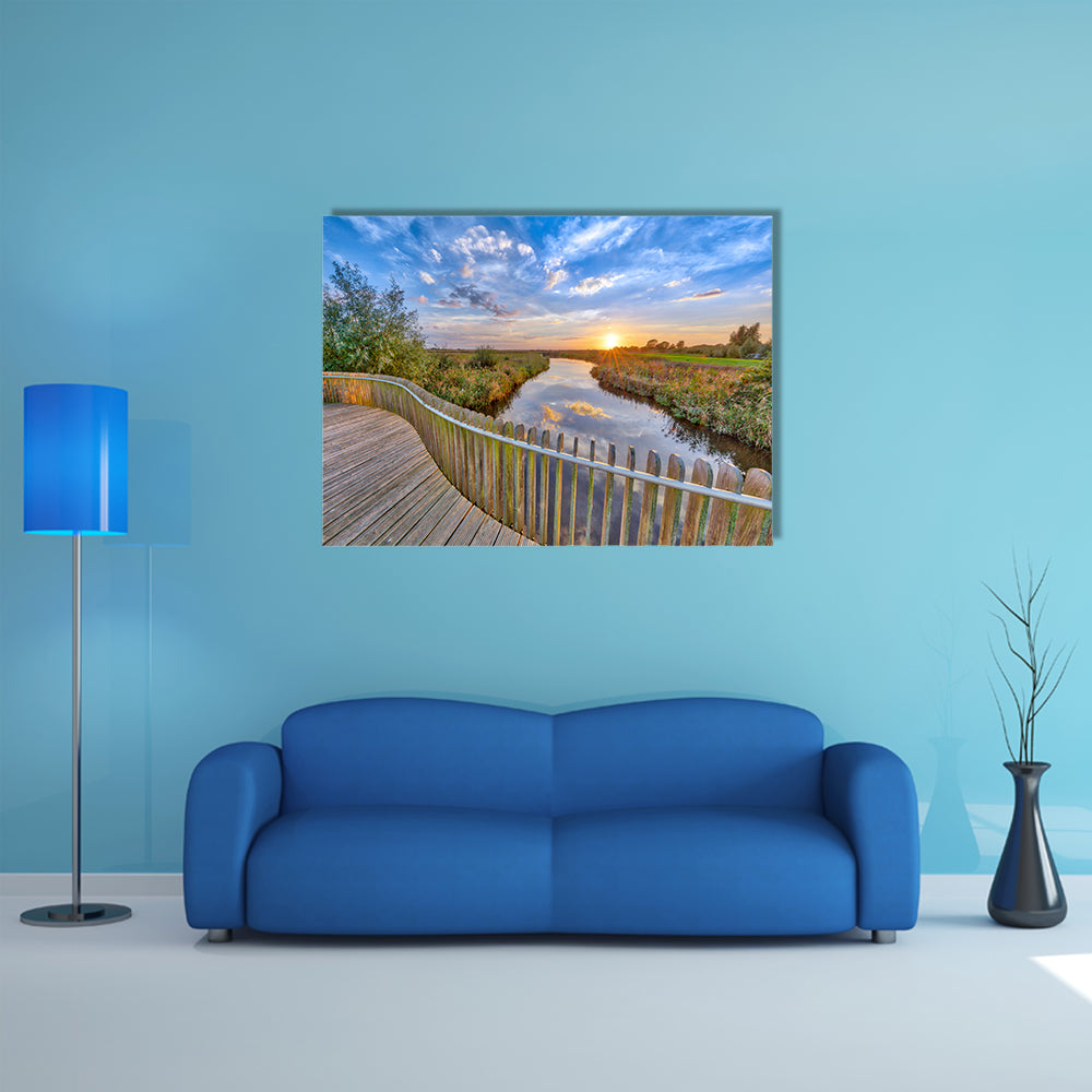 The Vivid Sunset Over Wooden Balustrade Balcony On Bridge In Water, Netherlands  Multi Panel Canvas Wall Art