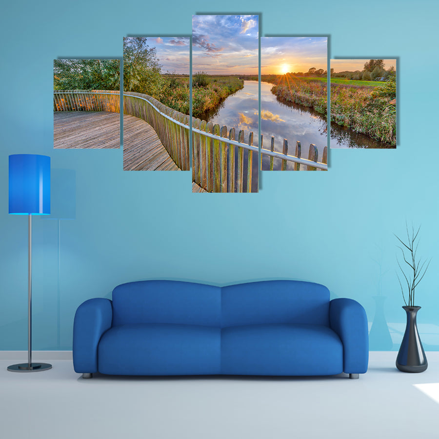 The Vivid Sunset Over Wooden Balustrade Balcony On Bridge In Water, Netherlands  Multi Panel Canvas Wall Art