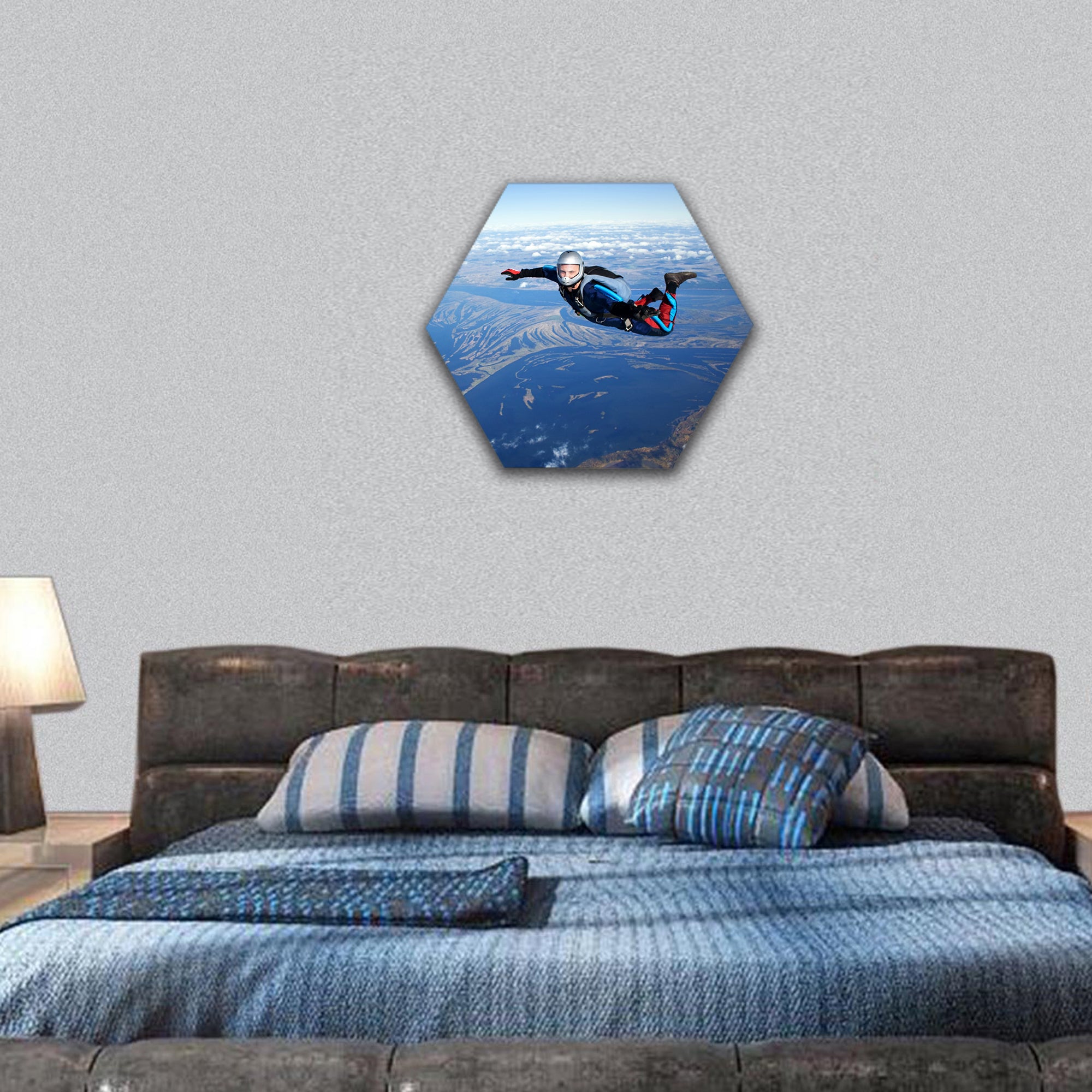 Skydiver falls through the air hexagonal canvas wall art