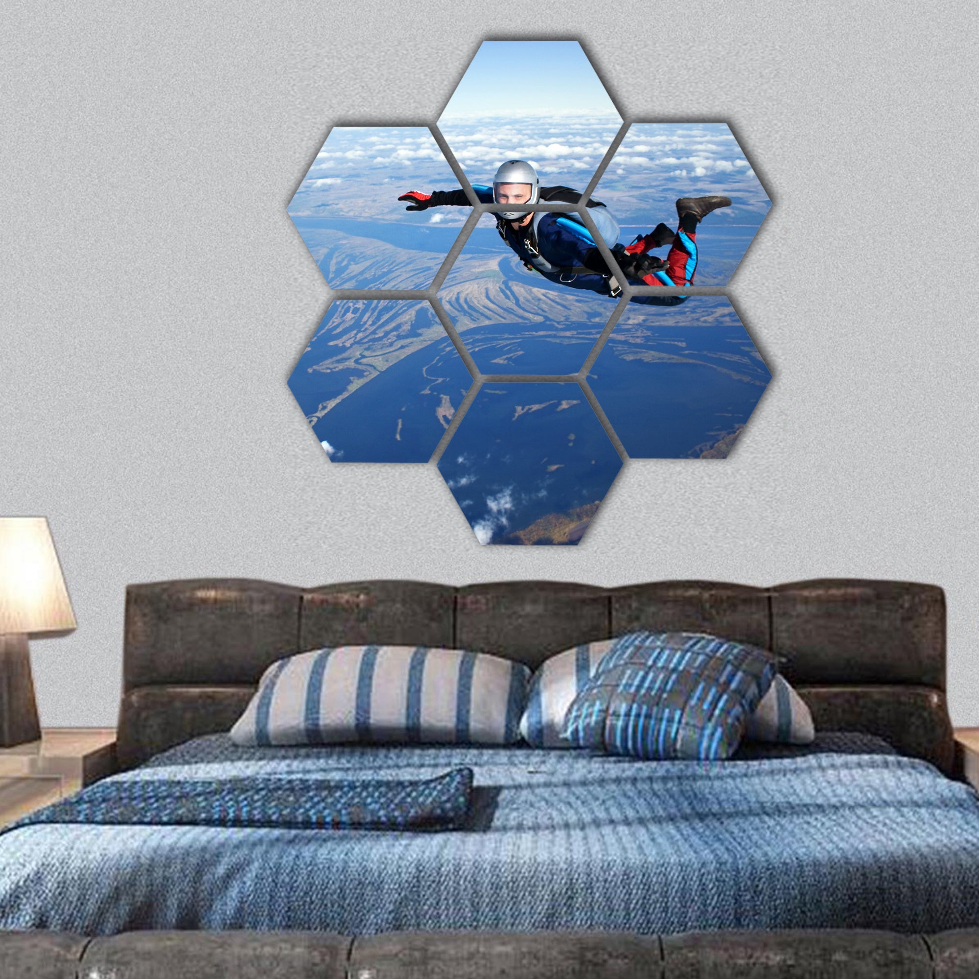 Skydiver falls through the air hexagonal canvas wall art