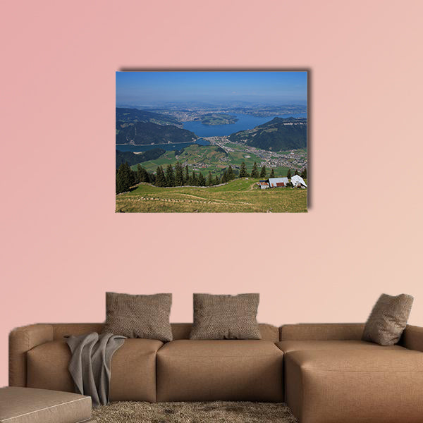 Distant view of Lake Vierwaldstattersee and Lucerne multi panel canvas wall art