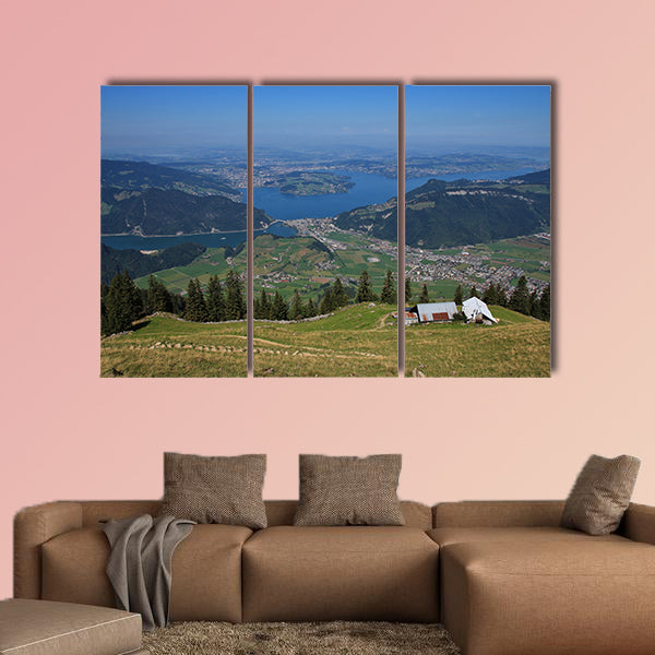 Distant view of Lake Vierwaldstattersee and Lucerne multi panel canvas wall art
