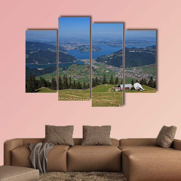 Distant view of Lake Vierwaldstattersee and Lucerne multi panel canvas wall art