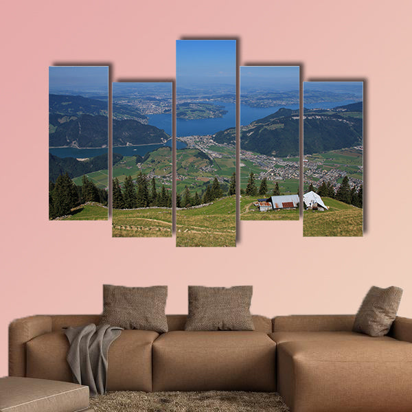 Distant view of Lake Vierwaldstattersee and Lucerne multi panel canvas wall art