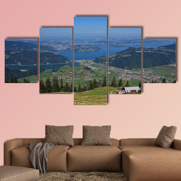 Distant view of Lake Vierwaldstattersee and Lucerne multi panel canvas wall art