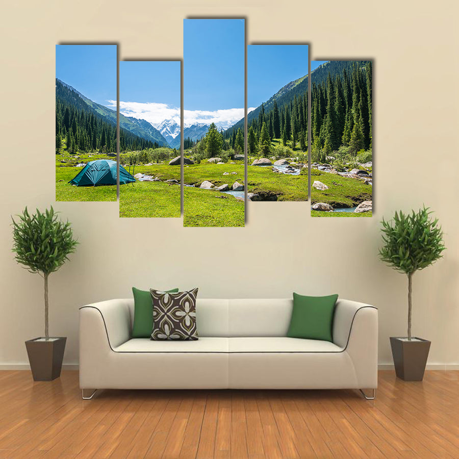 A Blue Party Tent In The Center Of The Mountain river On A hot Summer Day, Kyrgyzstan Multi Panel Canvas Wall Art
