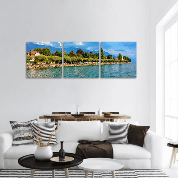 Lakefront of Geneva Lake in Vevey, Switzerland panoramic canvas wall art