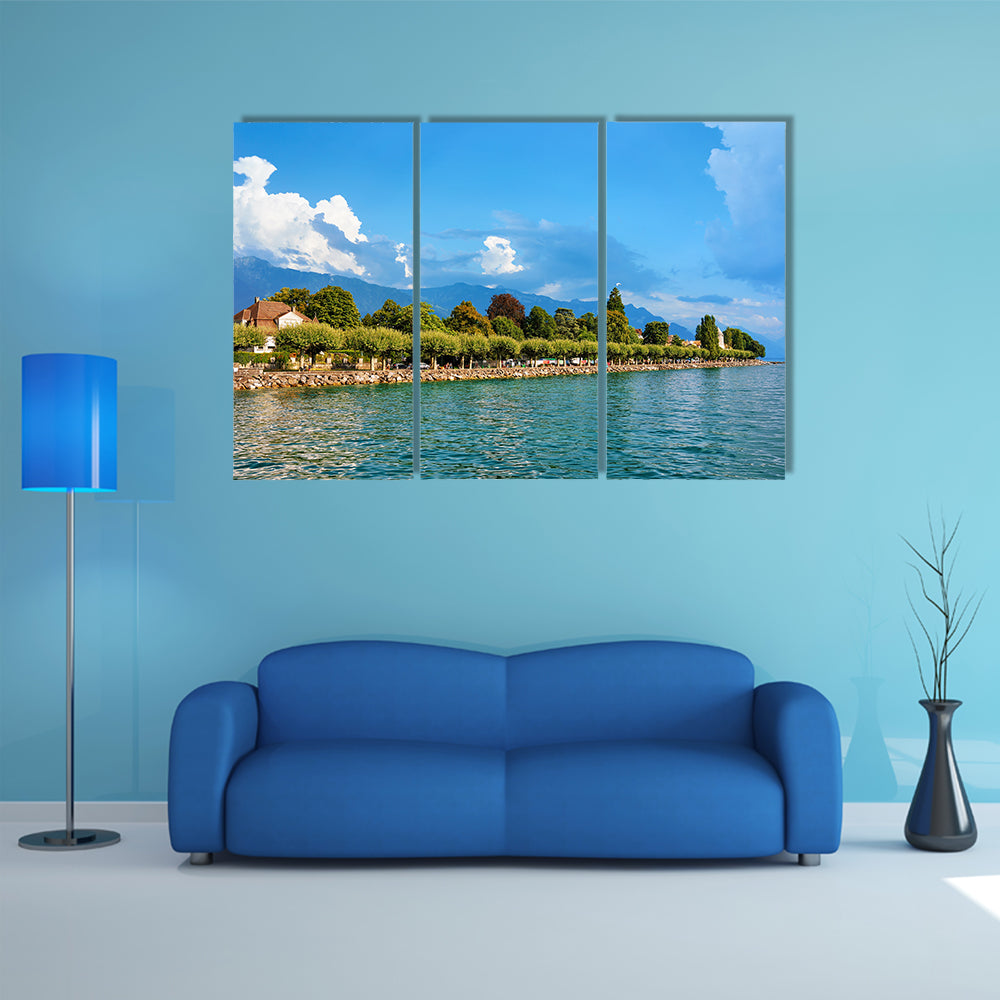 The Lake front of Geneva Lake in Vevey, Vaud canton, Switzerland Multi Panel Canvas Wall Art