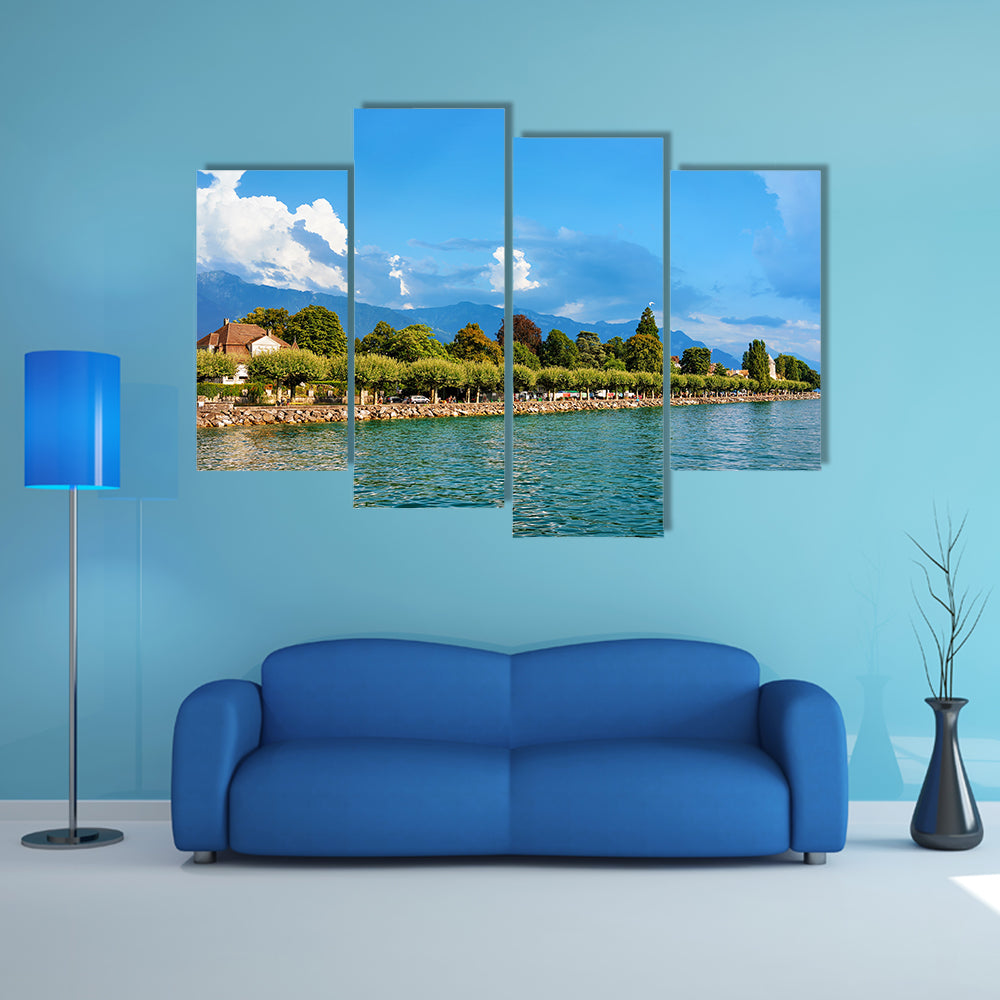 The Lake front of Geneva Lake in Vevey, Vaud canton, Switzerland Multi Panel Canvas Wall Art