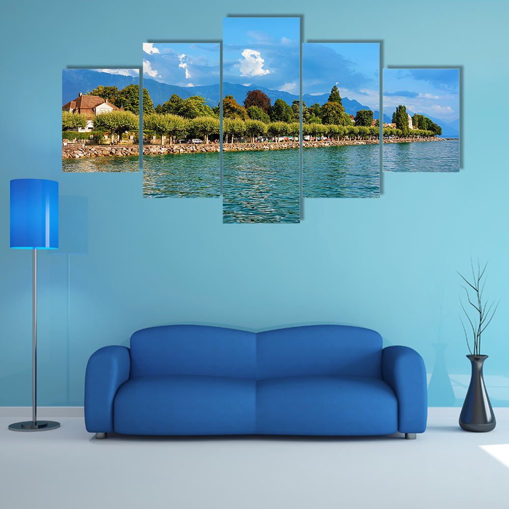 The Lake front of Geneva Lake in Vevey, Vaud canton, Switzerland Multi Panel Canvas Wall Art