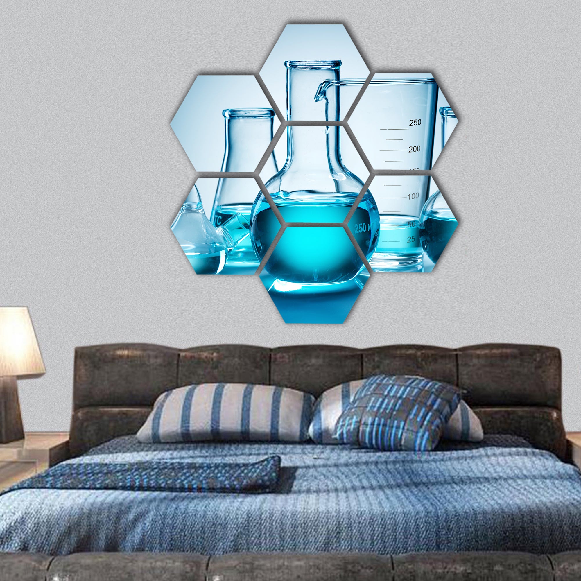 glassware equipment  for an experiment in research lab hexagonal canvas wall art