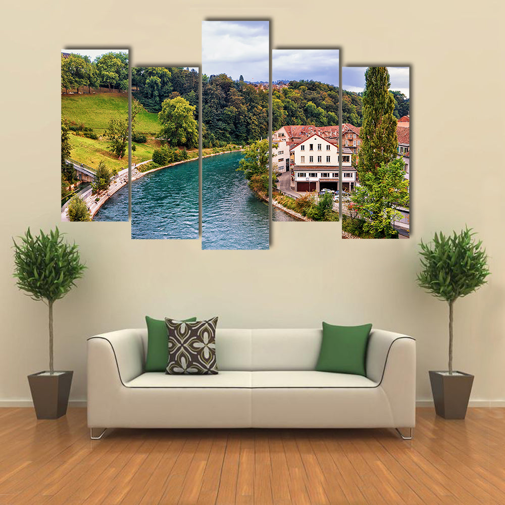 A Landscape With Aare River In Bern Is Adding Beauty To The Environment, Switzerland, Multi Panel Canvas Wall Art