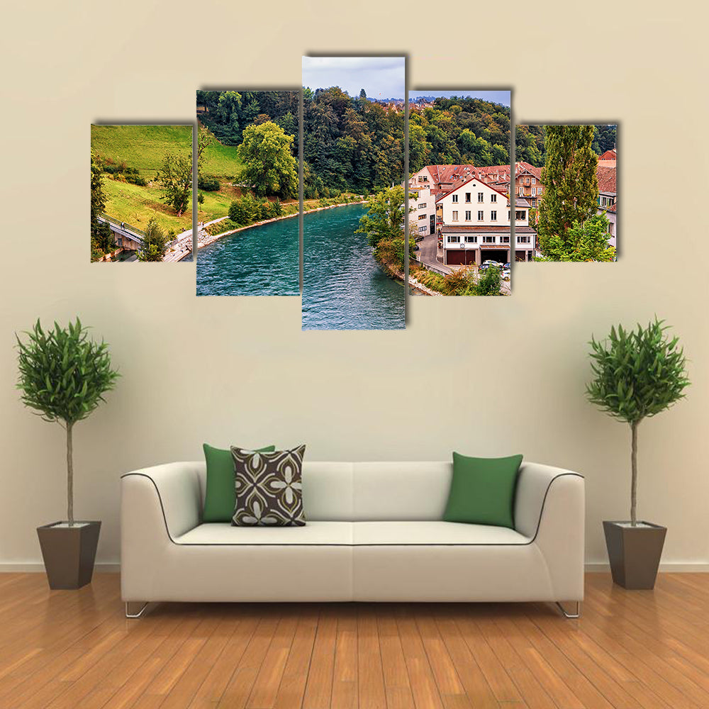 A Landscape With Aare River In Bern Is Adding Beauty To The Environment, Switzerland, Multi Panel Canvas Wall Art