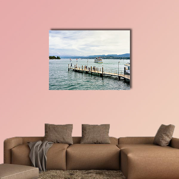People at Pier with ferry in Zurich Lake, Switzerland multi panel canvas wall art