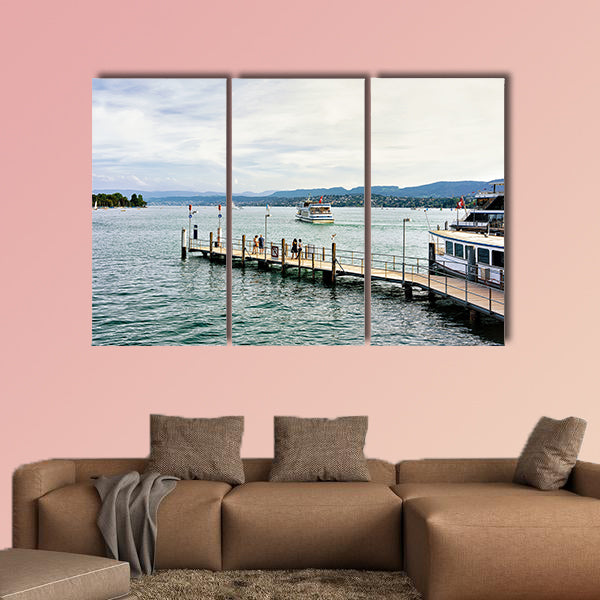People at Pier with ferry in Zurich Lake, Switzerland multi panel canvas wall art