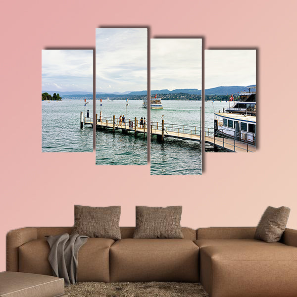 People at Pier with ferry in Zurich Lake, Switzerland multi panel canvas wall art