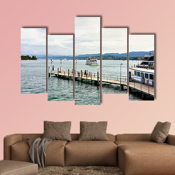 People at Pier with ferry in Zurich Lake, Switzerland multi panel canvas wall art