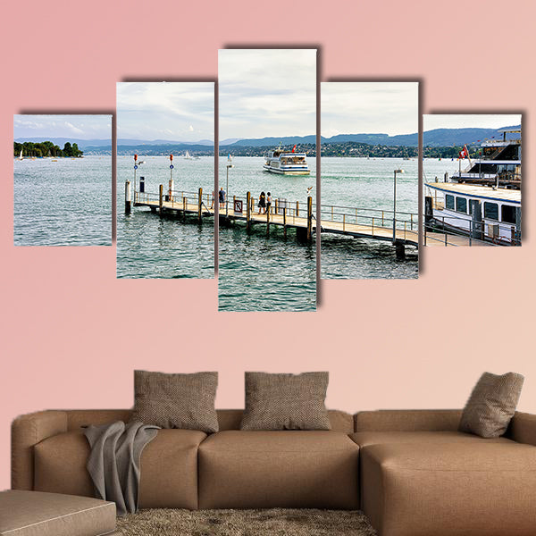 People at Pier with ferry in Zurich Lake, Switzerland multi panel canvas wall art