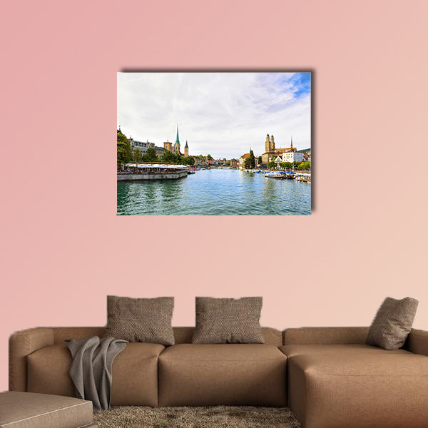 Limmat River Quay with boats and three main churches of Zurich wall art