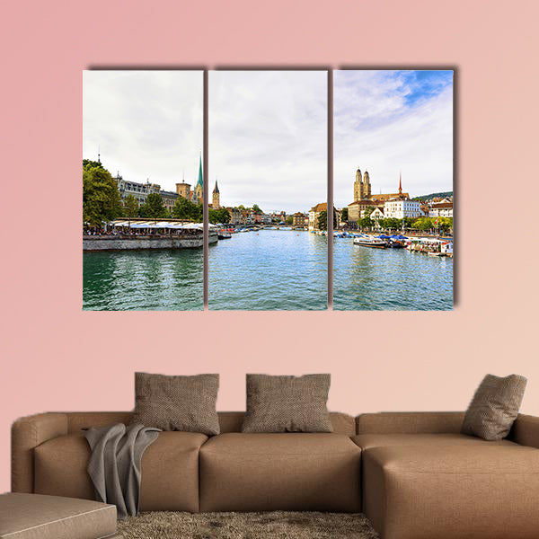 Limmat River Quay with boats and three main churches of Zurich wall art