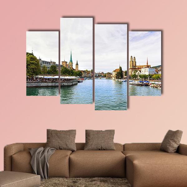 Limmat River Quay with boats and three main churches of Zurich wall art