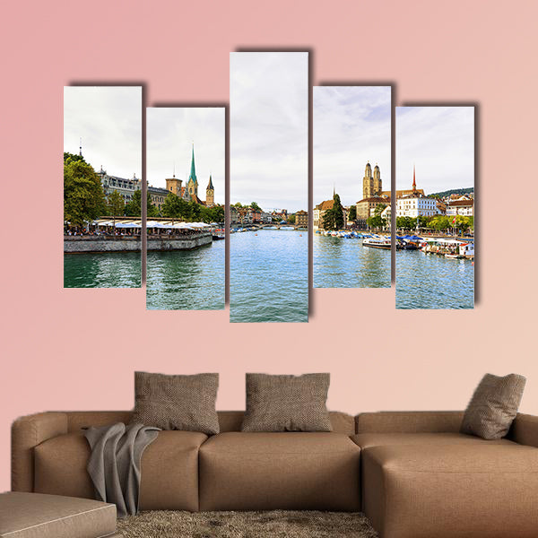 Limmat River Quay with boats and three main churches of Zurich wall art
