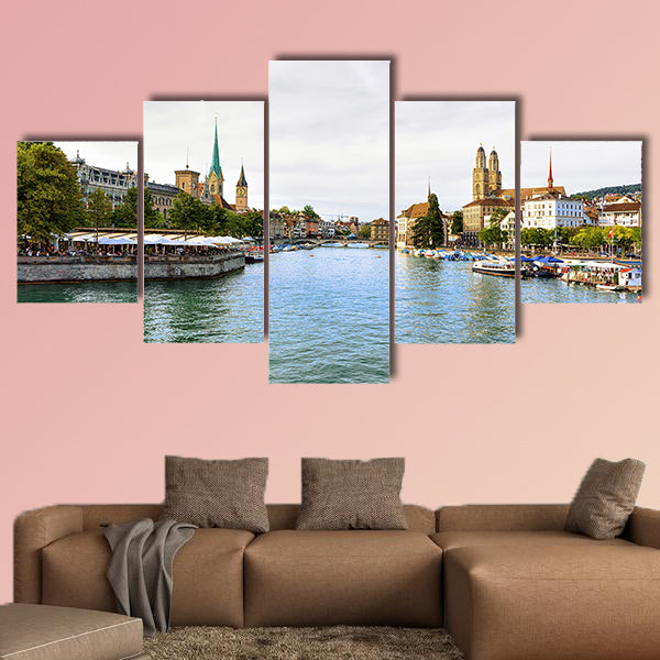 Limmat River Quay with boats and three main churches of Zurich wall art