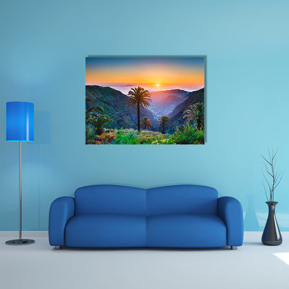 Beautiful view of amazing tropical scenery with exotic palm trees Spain multi panel canvas wall art