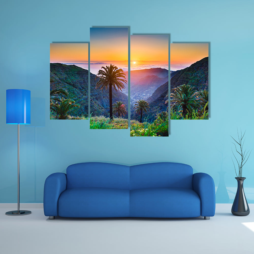 Beautiful view of amazing tropical scenery with exotic palm trees Spain multi panel canvas wall art