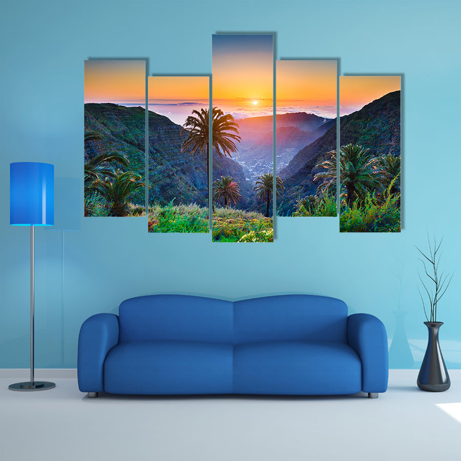 Beautiful view of amazing tropical scenery with exotic palm trees Spain multi panel canvas wall art