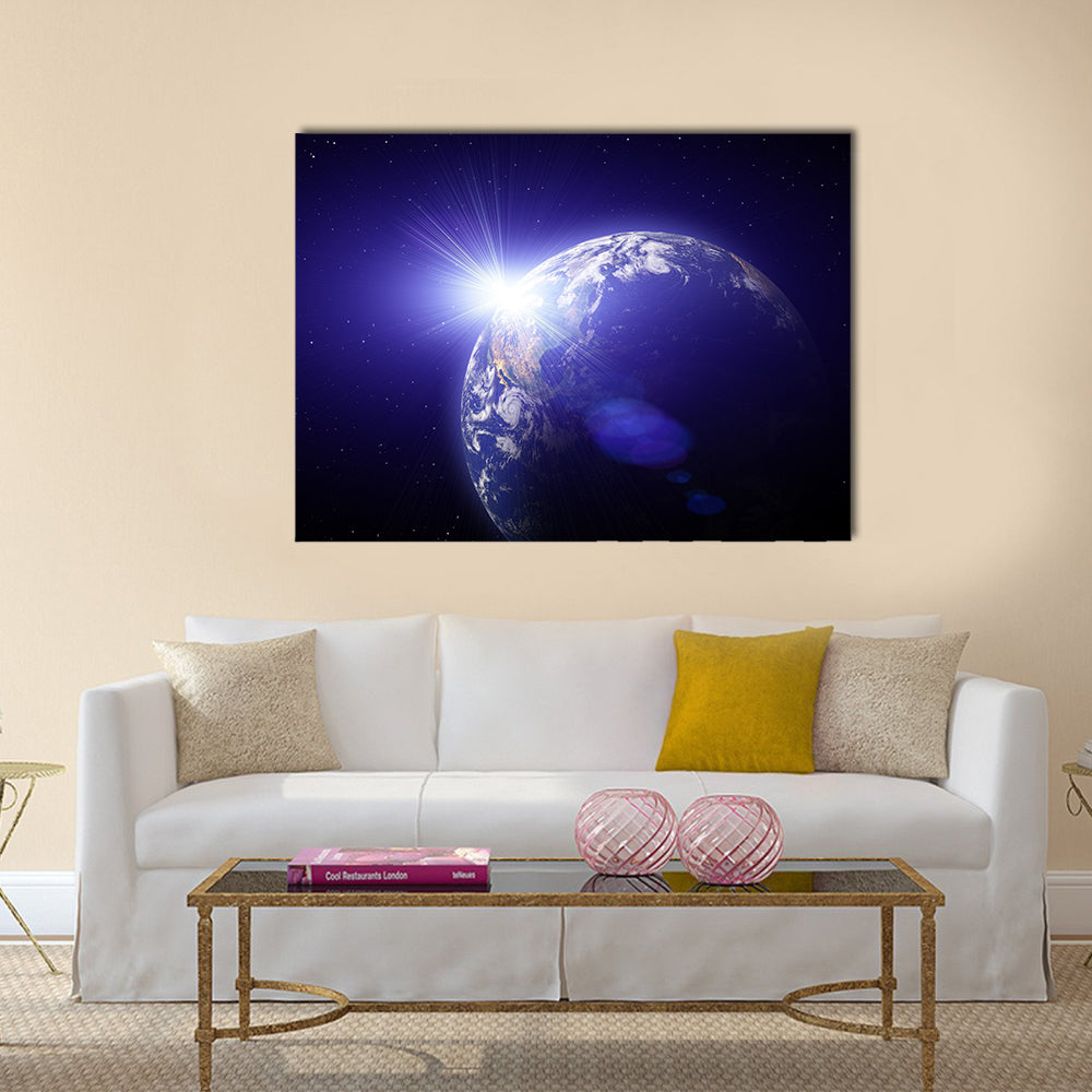 Real Earth Planet in deep space. Sunset Multi Panel Canvas Wall Art